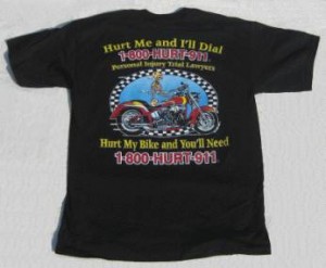 T shirt back showing personal injury attorney advertising