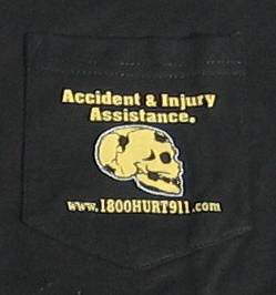 T-shirt pocket showing personal injury attorney advertising for motorcycle accidents