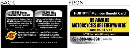 HURT911 Member Benefits Card for motorcyclists advertising motorcycle awareness and advertising for motorcycle lawyers
