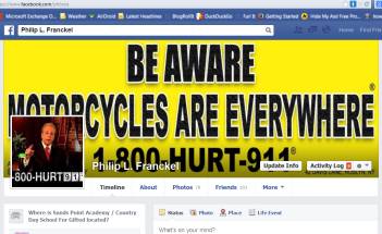 Facebook page header with cause marketing advertising by a lawyer for motorcycle accidents