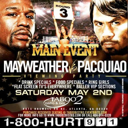Advertisement showing Mayweather vs Pacquiao sport event for personal injury lawyer with vanity number 1-800-HURT-911