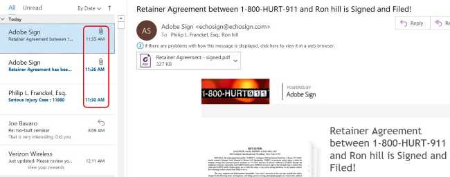 email sending personal injury retainer and email with signed retainer attached