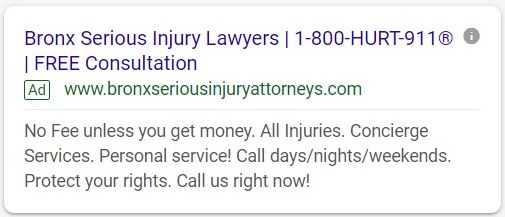 Google mobile ad for personal injury lawyer