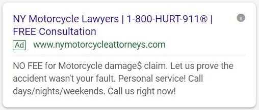Google mobile ad for motorcycle lawyer