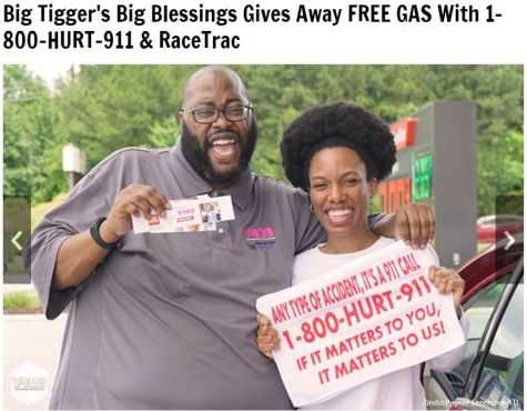 Free Gas Promotion. To win a free gas card, a couple posted a photo of themselves holding signs advertising 1-800-HURT-911®
