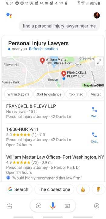 Screenshot showing result when asking Google for "personal injury lawyer near me"
