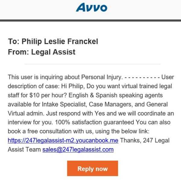 avvo lead from potential personal injury client