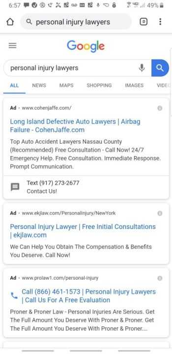 Google search for personal injury lawyers on smartphone