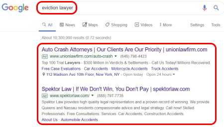 Google search for "eviction lawyer"
