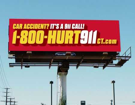 One of the large billboards for lawyer advertising showing 1-800-HURT-911 personal injury lawyers in CT