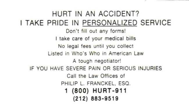 Attorney Phil Franckel's original business card advertising his personal injury practice